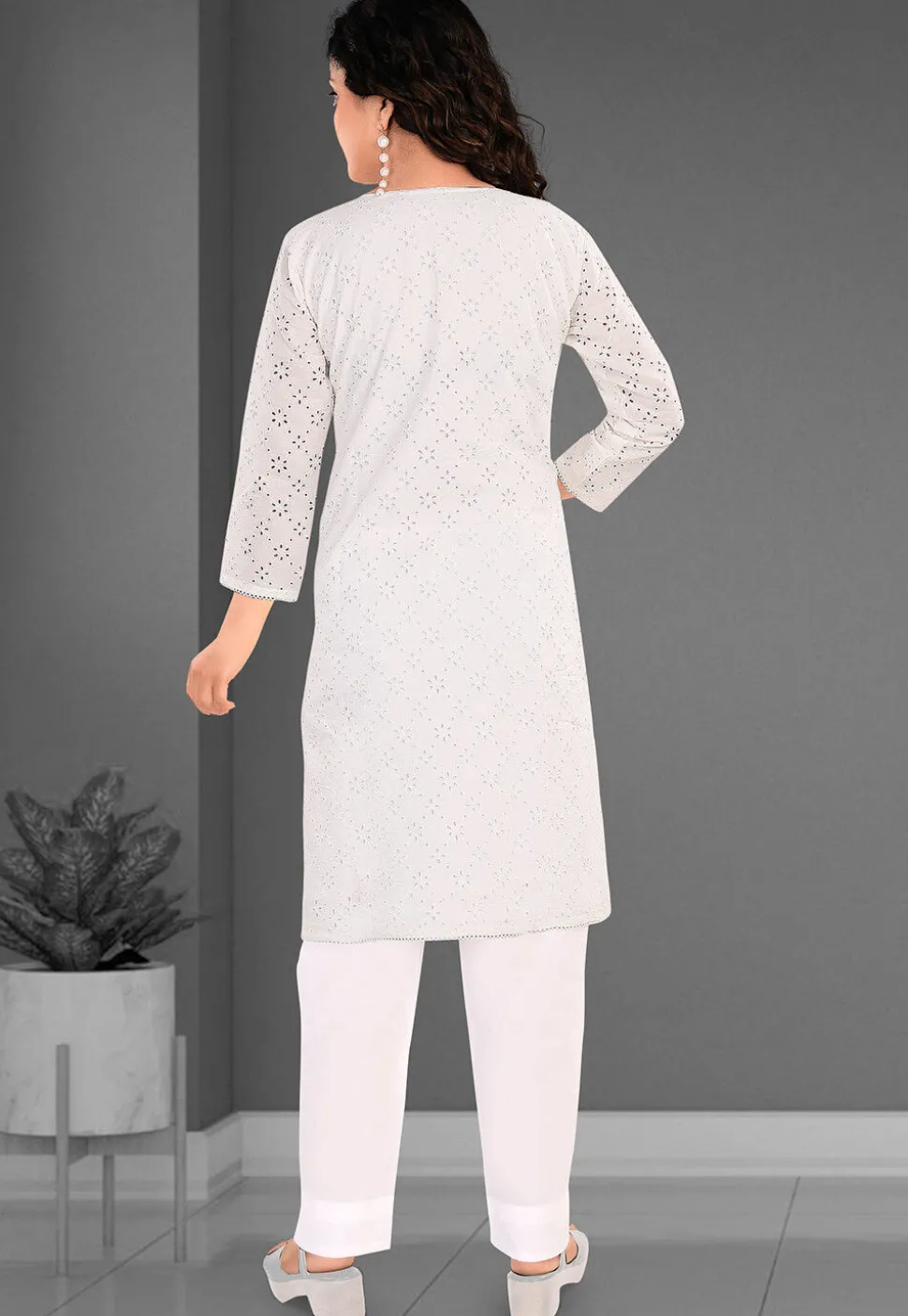 Schiffli Cotton Straight Kurta Set in Off White