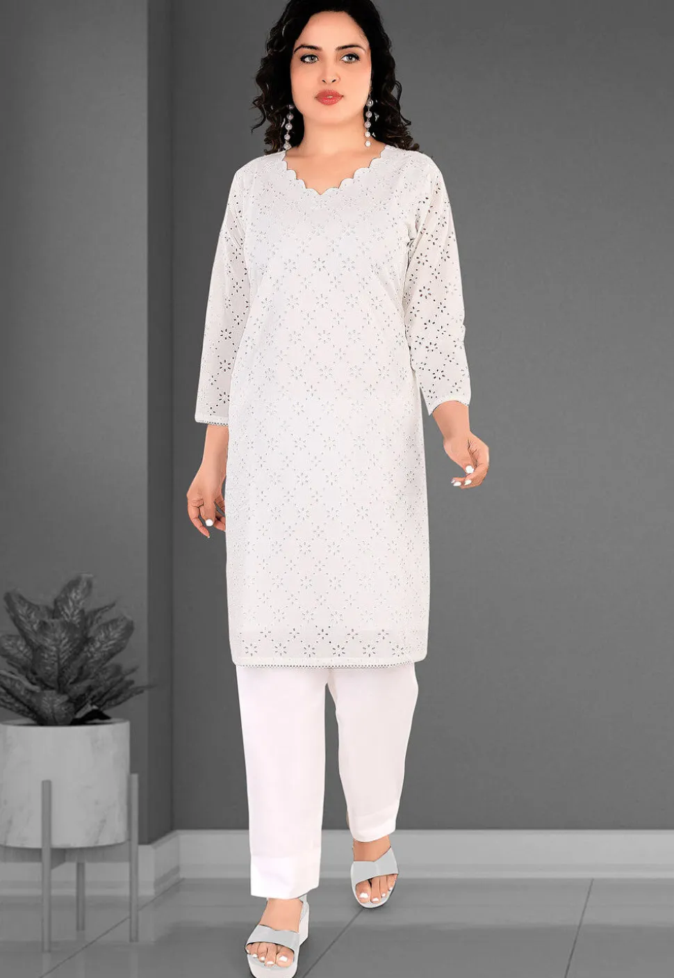 Schiffli Cotton Straight Kurta Set in Off White