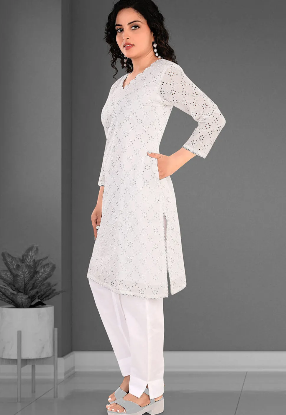 Schiffli Cotton Straight Kurta Set in Off White