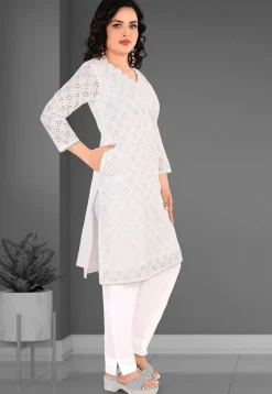 Schiffli Cotton Straight Kurta Set in Off White