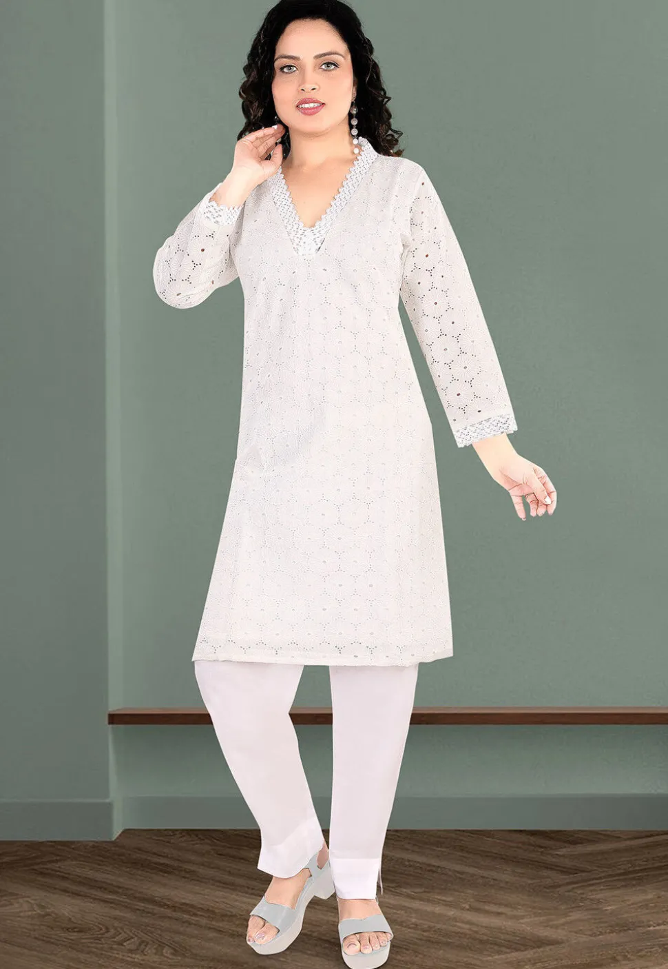 Schiffli Cotton Straight Kurta Set in Off White