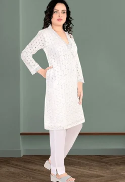 Schiffli Cotton Straight Kurta Set in Off White
