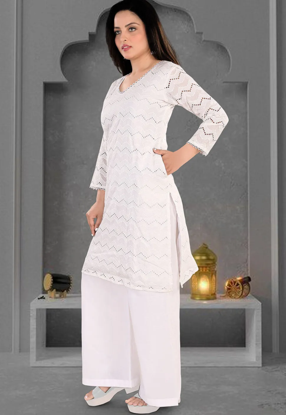 Schiffli Cotton Straight Kurta Set in Off White