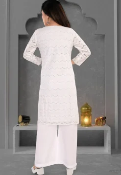 Schiffli Cotton Straight Kurta Set in Off White