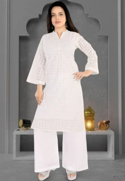 Schiffli Cotton Straight Kurta Set in Off White