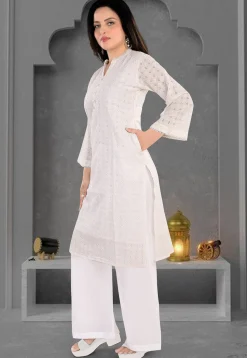 Schiffli Cotton Straight Kurta Set in Off White