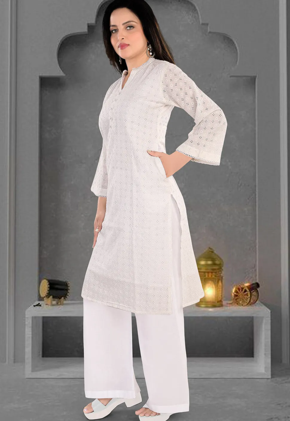 Schiffli Cotton Straight Kurta Set in Off White