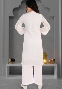 Schiffli Cotton Straight Kurta Set in Off White