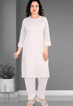 Schiffli Cotton Straight Kurta Set in Off White