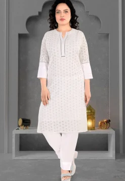 Schiffli Cotton Straight Kurta Set in Off White