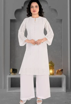 Schiffli Cotton Straight Kurta Set in Off White