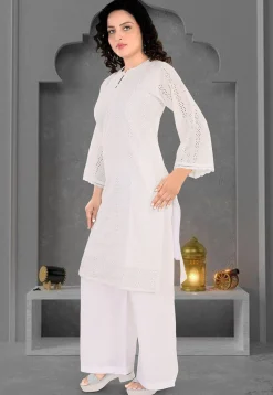 Schiffli Cotton Straight Kurta Set in Off White