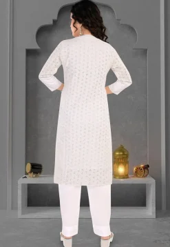 Schiffli Cotton Straight Kurta Set in Off White