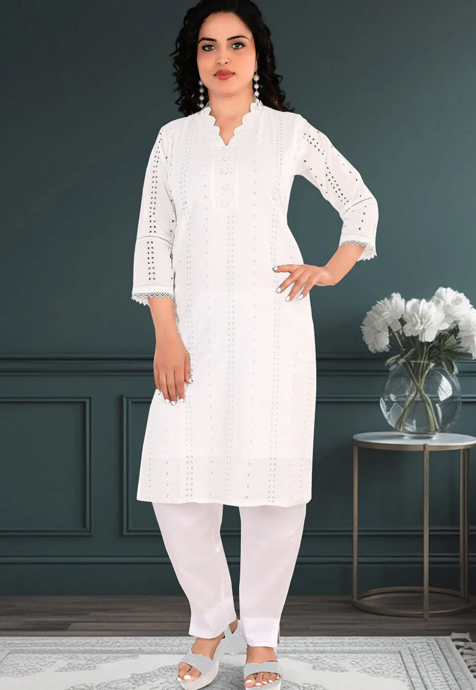 Schiffli Cotton Straight Kurta Set in Off White