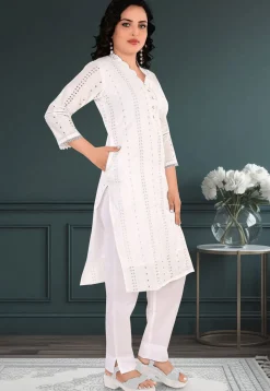 Schiffli Cotton Straight Kurta Set in Off White