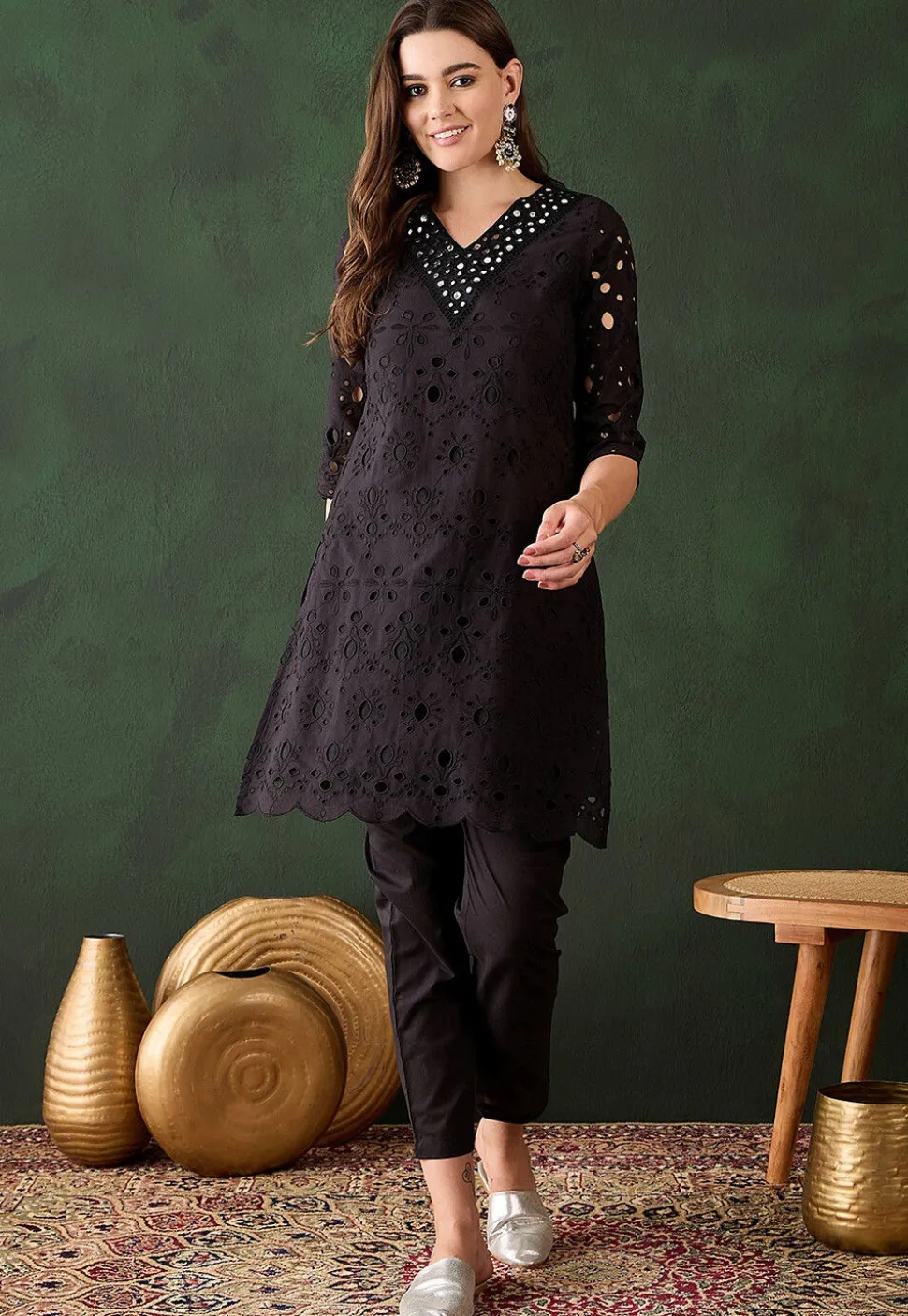 Schiffli Embroidered Cotton Scalloped Straight Kurta Set in Black