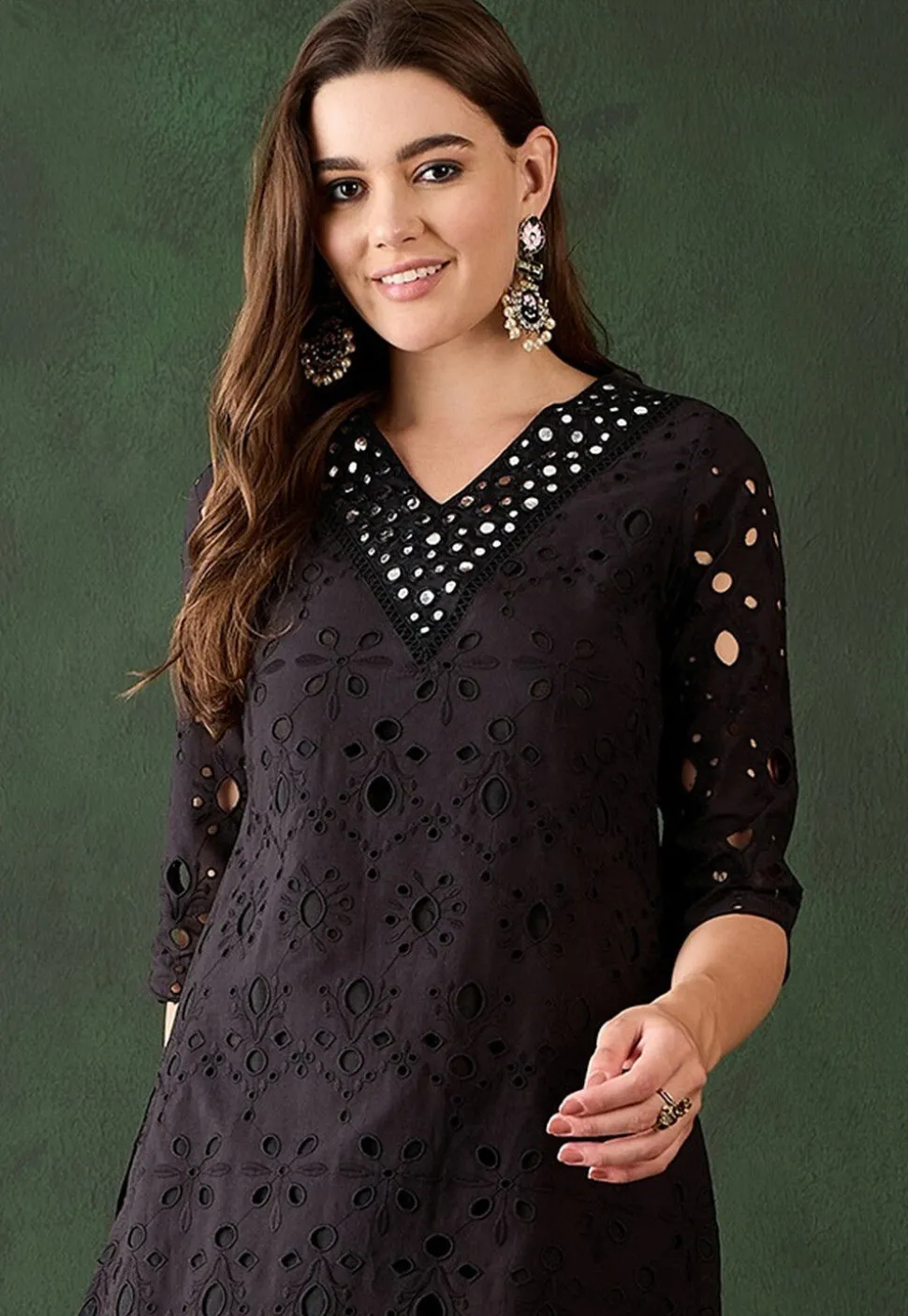 Schiffli Embroidered Cotton Scalloped Straight Kurta Set in Black