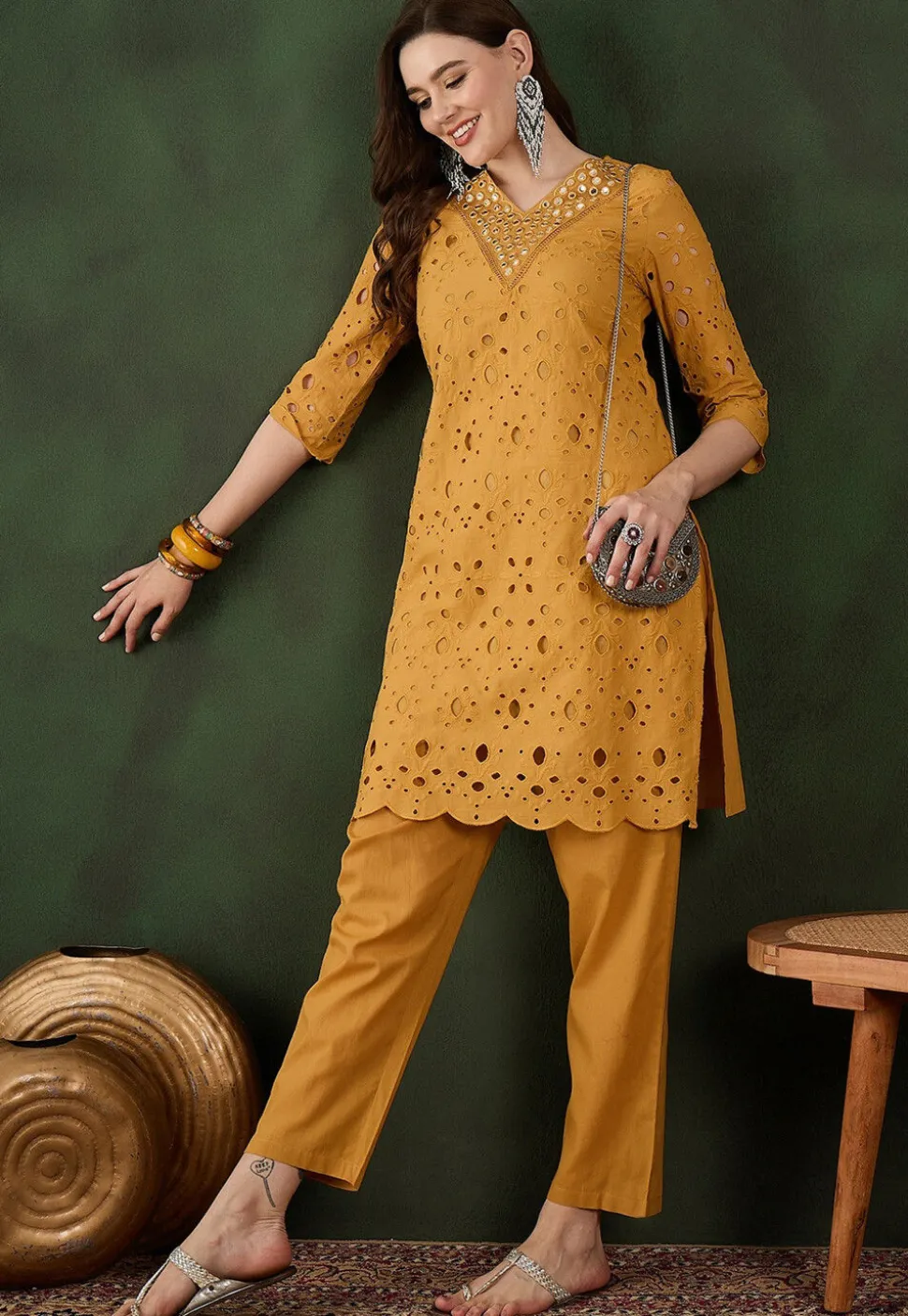 Schiffli Embroidered Cotton Scalloped Straight Kurta Set in Mustard