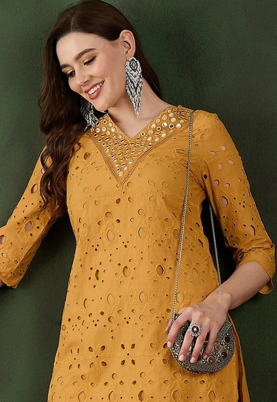 Schiffli Embroidered Cotton Scalloped Straight Kurta Set in Mustard