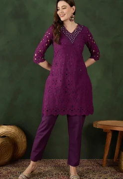 Schiffli Embroidered Cotton Scalloped Straight Kurta Set in Wine