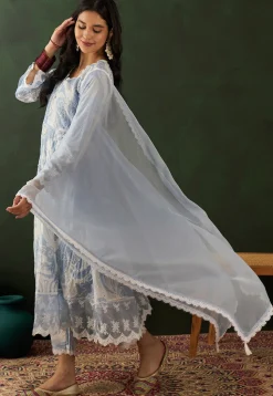 Schiffli Embroidered Cotton Blend Anarkali Suit in Light Blue