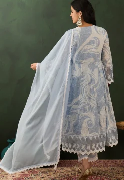 Schiffli Embroidered Cotton Blend Anarkali Suit in Light Blue