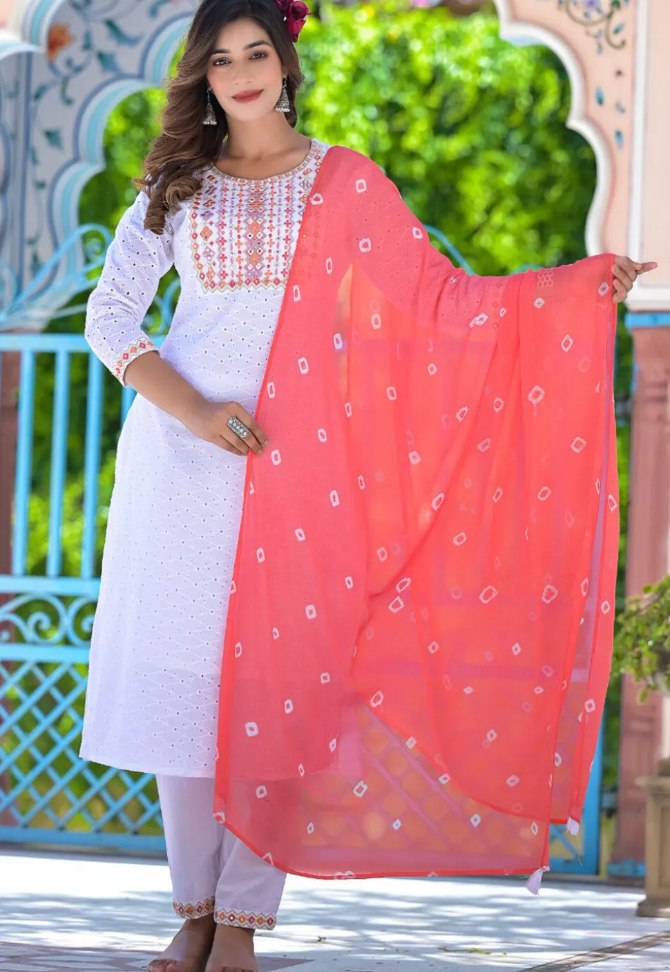 Schiffli Pure Cotton Schiffli Pakistani Suit in Off white