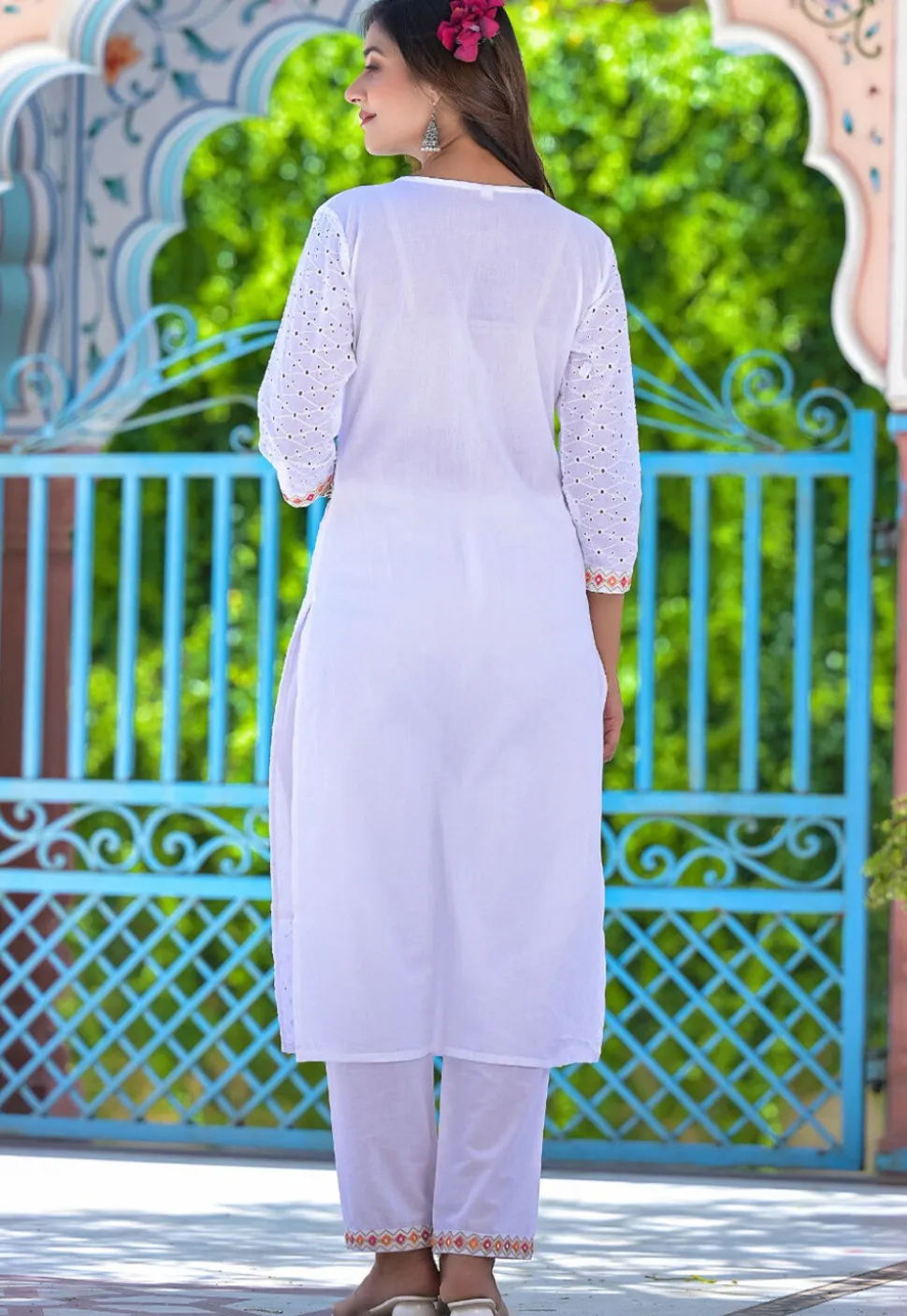 Schiffli Pure Cotton Schiffli Pakistani Suit in Off white
