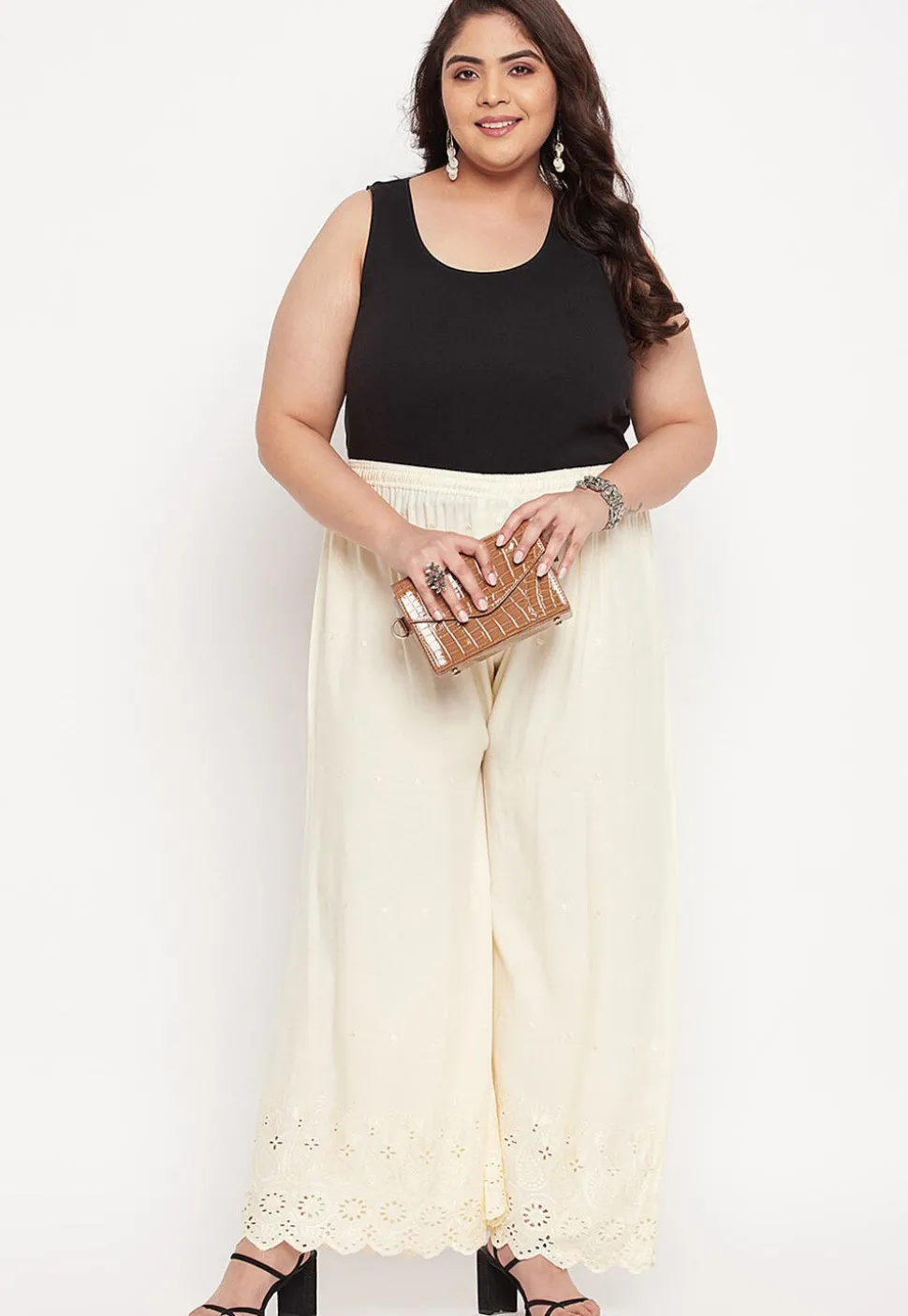 Schiffli Rayon Palazzo in Cream