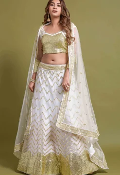 Sequined Net Lehenga in White