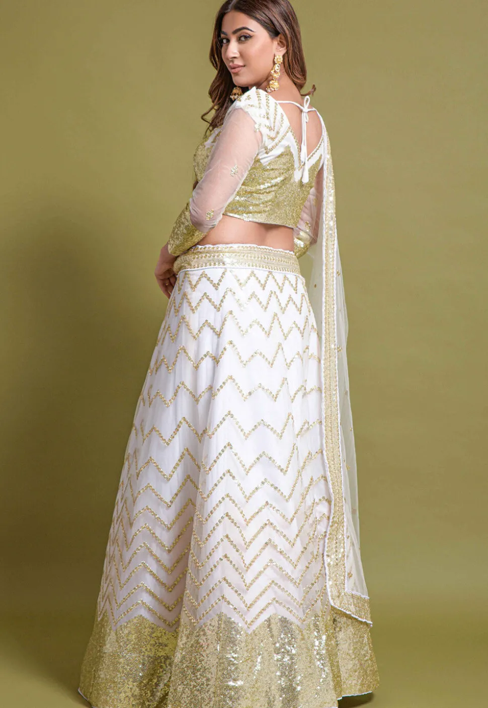 Sequined Net Lehenga in White
