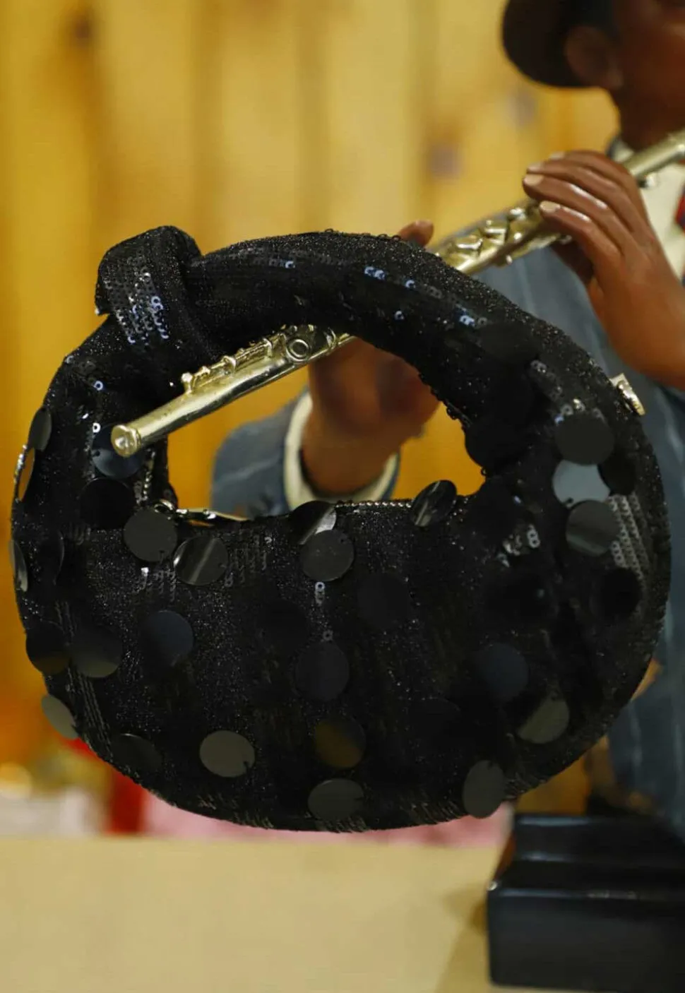Sequinned Art Silk Handbag in Black