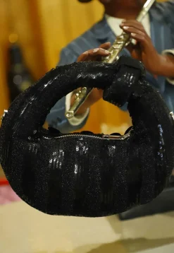 Sequinned Art Silk Handbag in Black
