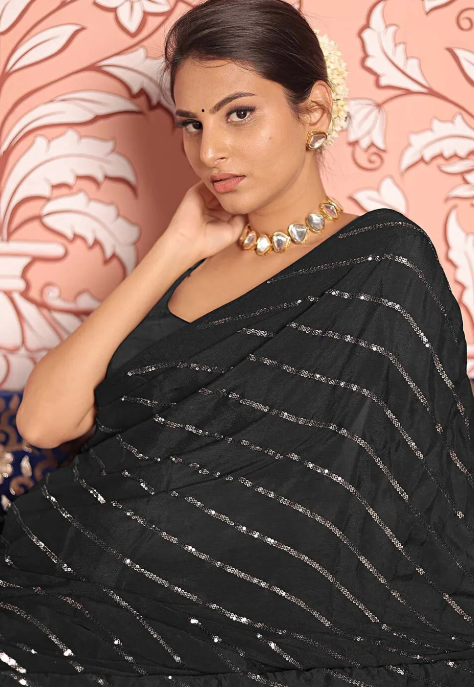 Sequinned Chinon Chiffon Saree in Black