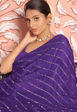 Sequinned Chinon Chiffon Saree in Purple