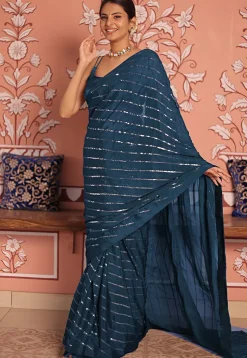 Sequinned Chinon Chiffon Saree in Teal Blue