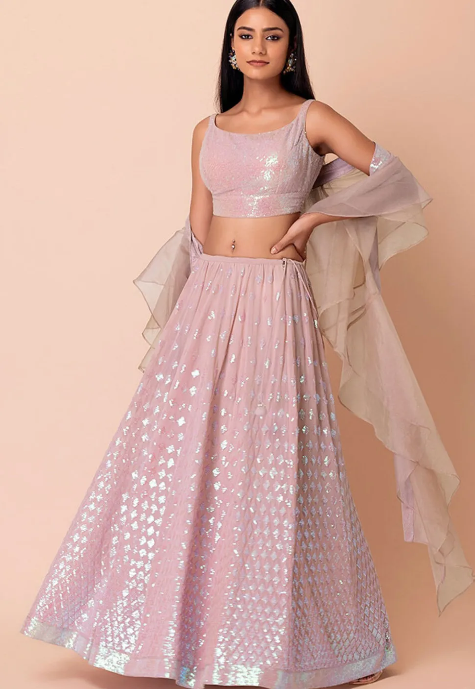 Sequinned Georgette Lehenga in Pink