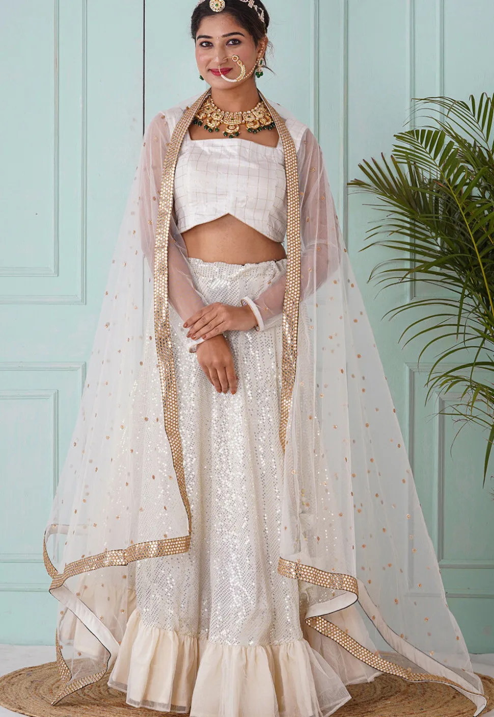 Sequinned Georgette Lehenga in White