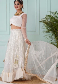 Sequinned Georgette Lehenga in White