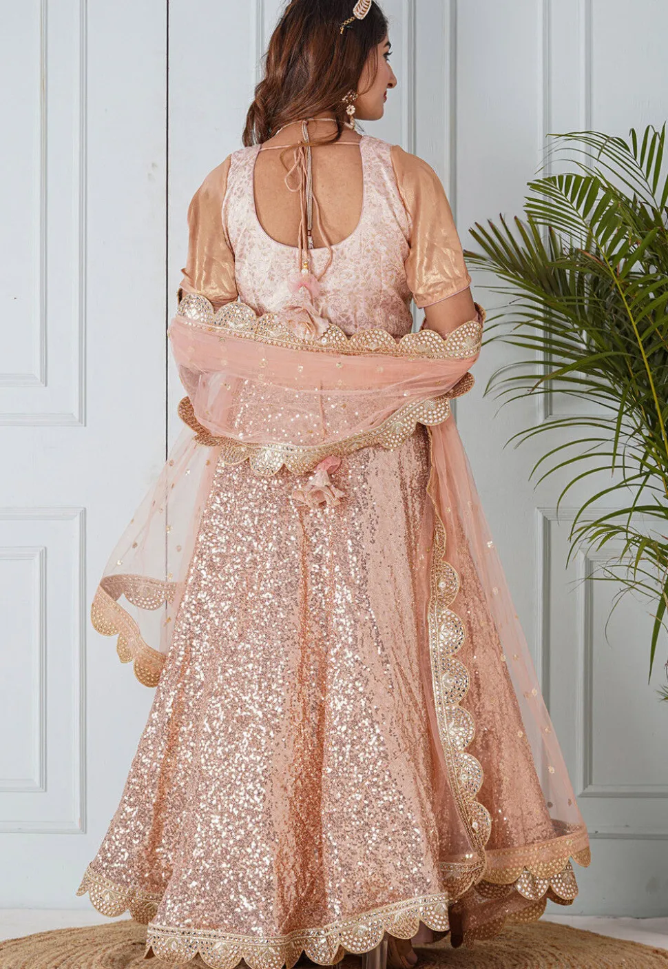 Sequinned Georgette Lehenga in Peach