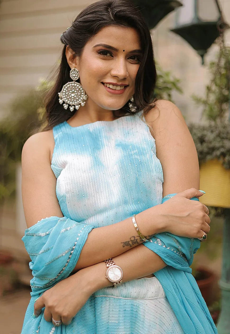 Sequinned Georgette Marble Dyed Lehenga in Blue and White
