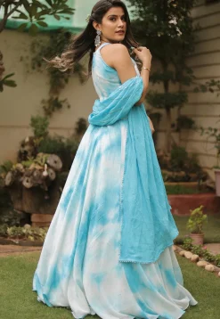 Sequinned Georgette Marble Dyed Lehenga in Blue and White
