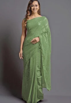 Sequinned Georgette Saree in Light Olive Green