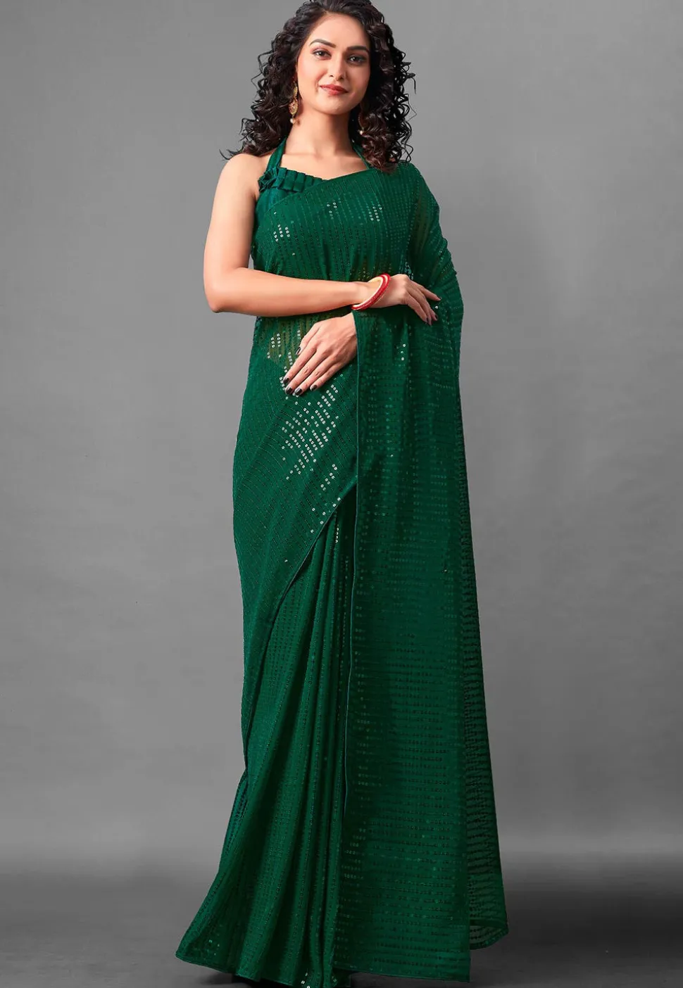 Sequinned Georgette Saree in Green
