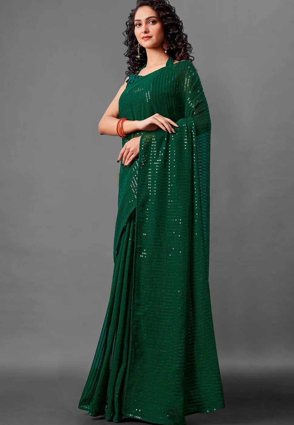 Sequinned Georgette Saree in Green