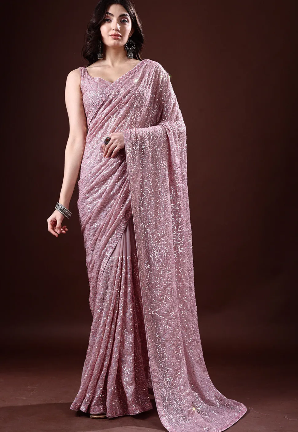 Sequinned Georgette Saree in Dusty Pink
