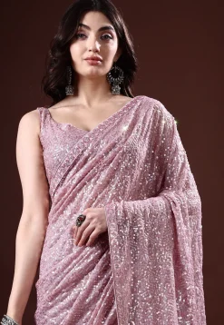 Sequinned Georgette Saree in Dusty Pink