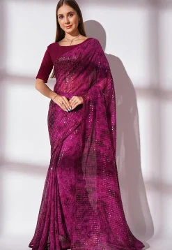 Sequinned Georgette Saree in Purple
