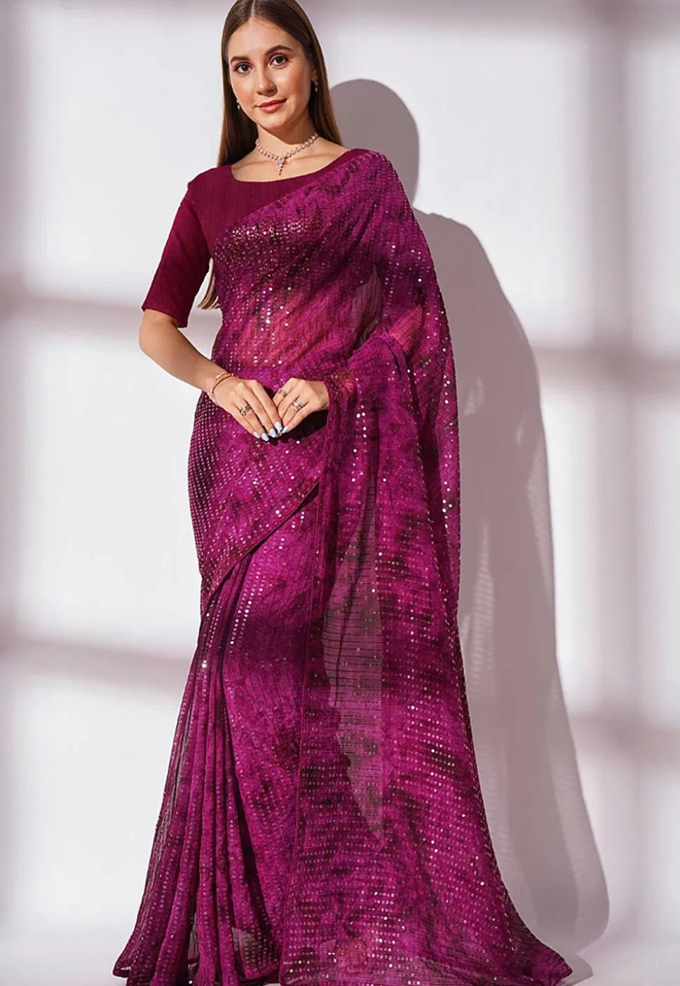Sequinned Georgette Saree in Purple