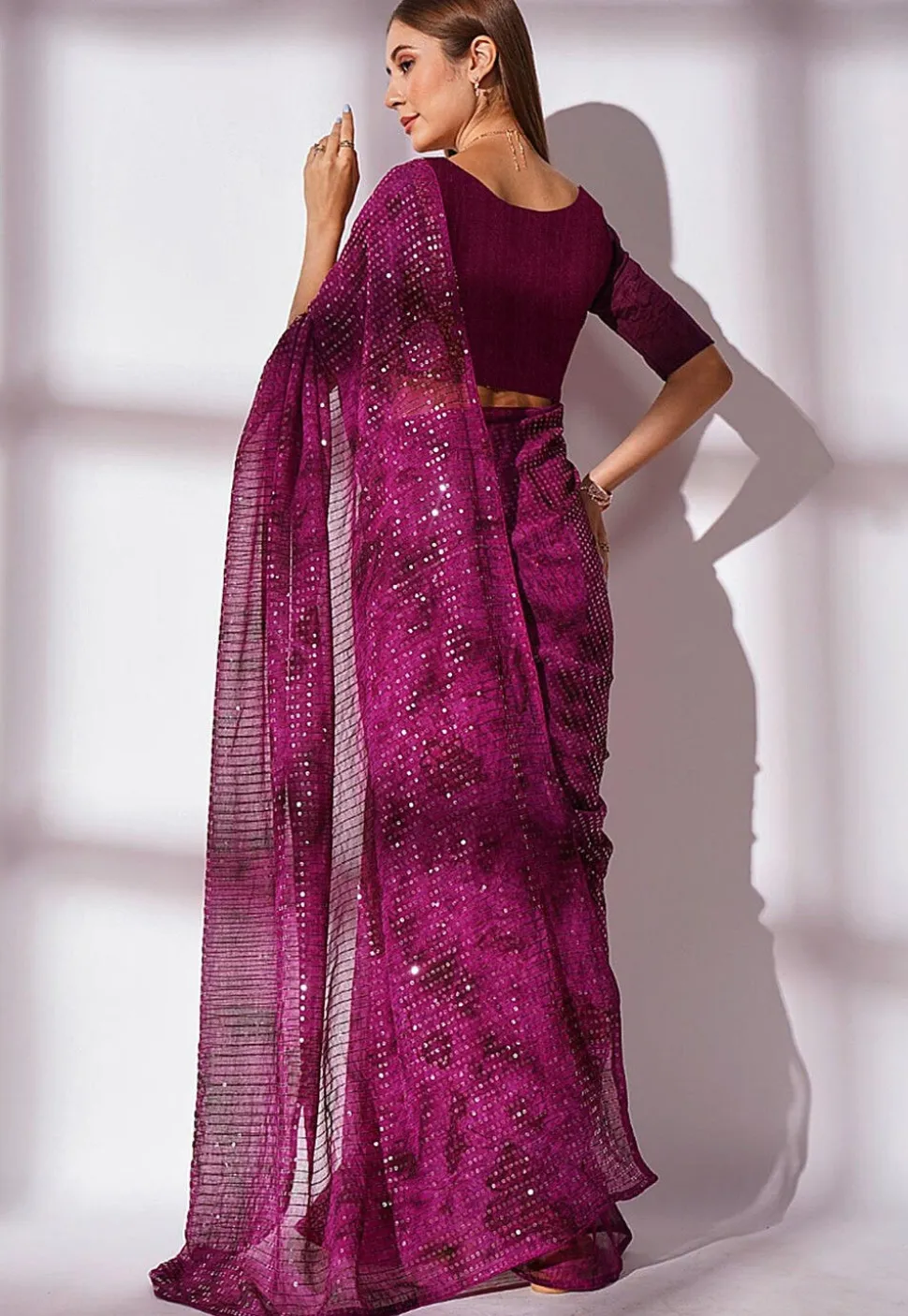 Sequinned Georgette Saree in Purple